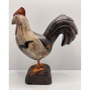Wood Carved Rooster Figure Chicken Sculpture Farmhouse Rustic Home Decor (Bx 8)